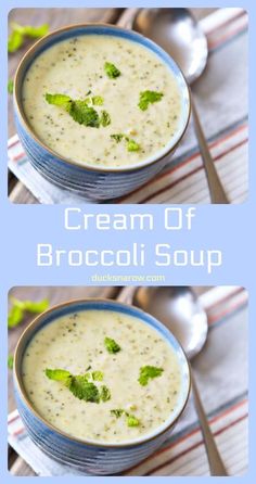 two bowls filled with cream of broccoli soup