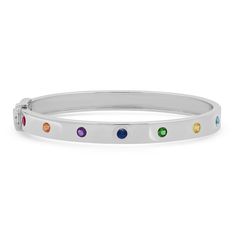 Multi Colored Round Rainbow Bangle Fine Jewelry White Gold Gemstone Bangle, White Gold Gemstone Bangle Fine Jewelry, White Gold Gemstone Bangle, Adjustable White Gold Bangle Fine Jewelry, Polished Platinum Bracelet, Luxury White Gold Multi-stone Bracelets, Luxury 14k White Gold Multi-stone Jewelry, Luxury Multi-stone 14k White Gold Jewelry, Modern White Gold Multi-stone Jewelry