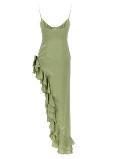 Long silk dress with maxi side split and ruffles, bow appliqué, thin straps and a side zip closure.ALESSANDRA RICHDress long ruffles bowTrue to size fit Long Silk Dress, Asymmetrical Maxi Dress, Dress Bow, Silk Dress Long, Rich Women, Ruched Skirt, Alessandra Rich, Maxi Dress Green, Dress Sewing Patterns