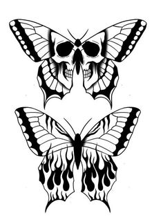 two butterflies with skulls on their wings, one is black and the other is white