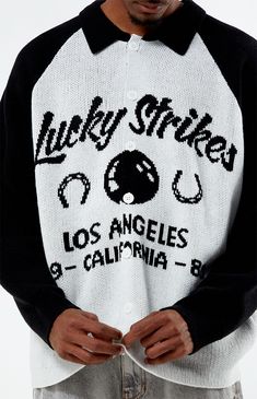 Step up your sweater game with the Lucky Strike Collared Sweater. Boasting a classic collared neckline, button closures, and long sleeves, this sweater offers both style and functionality. Its standout feature is the Lucky Strike Bowling knit design on the front, adding a touch of retro charm to your look.


	Collared neckline
	Button closures
	Regular fit
	Jacquard knit design
	80% Acrylic, 20% nylon
	Model is wearing size medium
	Model Measurements: 6'1” Height, 31” Waist, 32” Inseam Slim Fit Cargo Pants, Collared Sweater, Jeans Kids, Collar Sweater, Kids Swimwear, Jacquard Knit, Slim Fit Pants, Man Swimming, Oversized Tee