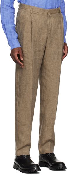 Relaxed-fit lightweight plain-woven linen trousers. · Belt loops · Three-pocket styling · Zip-fly · Pleats at front · Creased legs · Horn hardware Supplier color: Dark sand Linen Trousers With Patch Pockets, Wide-leg Linen Pants With Patch Pockets, Linen Wide-leg Pants With Patch Pockets, Linen Trousers With Welt Pockets, Linen Pants With Patch Pockets And Tapered Leg, Linen Tapered Leg Bottoms With Belt Loops, Straight Leg Linen Pants With Patch Pockets, Linen Bottoms With Belt Loops And Tapered Leg, Flax Tapered Leg Pants With Pockets