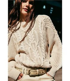 Free People Frankie Cable Knit Crew Neck Long Sleeve Sweater | Dillard's Free People Cable Knit Sweater, Beige Textured Knit V-neck Sweater, Beige Knit V-neck Sweater For Fall, Fall Cable Knit Sweater Dress, Casual Textured Knit Sweater Dress For Fall, Beige Knit V-neck Sweater, Fall Chunky Knit Crew Neck Sweater Dress, Chic Fall Sweater Dress With Crew Neck, Fall Crew Neck Cropped Sweater