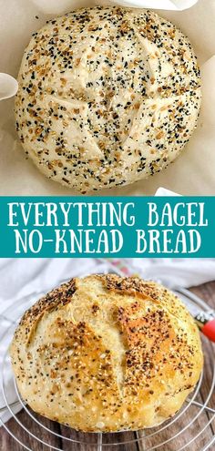 everything bagel no - knead bread in a loaf on a wire rack with text overlay