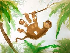 a painting of a monkey hanging from a tree with palm trees in the foreground