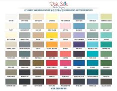 a color chart with different shades and colors for each type of paint scheme, including the names