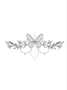 a line drawing of a butterfly with flowers and leaves on it's back side