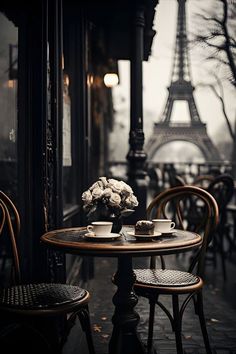 two chairs and a table in front of the eiffel tower