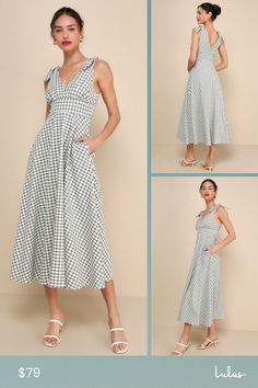 Life is like a picnic when you look oh-so-cute in the Lulus Sweetest Posture Navy and Cream Gingham Tie-Strap Midi Dress With Pockets! Lightweight cotton-blend fabric, with a darling gingham print in hues of cream and blue, falls from tying sash straps into a flattering surplice neckline (and back) and a fitted bodice with gathered details. The high, banded waist sits atop a twirl-worthy, skater skirt that features side seam pockets and finishes at a timeless midi hem. Hidden side zipper/clasp. Chic Cotton Dress For Picnic, Sleeveless Summer Plaid Dress For Brunch, Sleeveless Plaid Dress For Summer Brunch, Spring Garden Party Gingham Plaid Dress, Casual Gingham Plaid Dress For Picnic, Casual Gingham Plaid Dress For Picnics, Gingham Midi Length Dress For Picnic, Gingham Midi Dress For Picnic, Gingham Dress For Summer Picnic