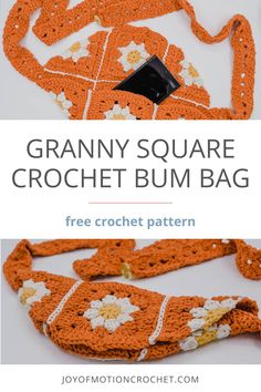 the granny square crochet bum bag is shown with text overlay