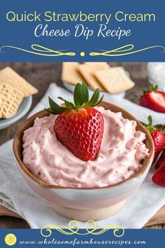 a close up of a bowl of dip with strawberries