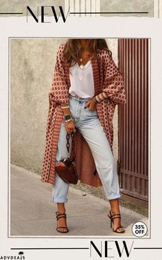 Digital Print Long Sleeve Cardigan Coat Cami And Jeans, Moda Kimono, Look Boho Chic, Mode Kimono, Mode Hippie, Mode Boho, Looks Chic, Sleeve Cardigan, Mode Inspiration