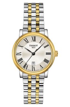 Roman numeral indexes and a dual-finished bracelet retain vintage sophistication on a polished round watch featuring precise Swiss-made movement. Style Name:Tissot T-Classic Carson Bracelet Watch, 30mm. Style Number: 5905683. Available in stores. Tissot Watches, Round Watch, Womens Watches Luxury, Classic Watches, Luxury Watch, Adjustable Bracelet, Watch Design, Stainless Steel Bracelet, Silver Watch