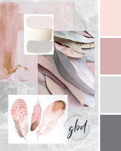 the color palette is pink, grey and white with some feathers on top of it