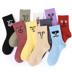 PRICES MAY VARY. No more boring socks-! Soothing color and unique adorable design drops a joy to your daily outfit. Face on your feet-! Crazy Fun - A mix of 10 different colors and designs makes these cute socks extremely fun. The various colors match any outfit on your workday or special events. Being stretchy and sweat-wicking - made of high quality cotton and spandex. You can feel the soft and gentle touch the moment you put them on. Suitable for women's shoe sizes 5-8, men's shoe size 5-7. I Kawaii Socks, Funny Expressions, Mens Crew Socks, Crazy Socks, Funny Socks, Cute Socks, Long Socks, Tube Socks, Girls Socks