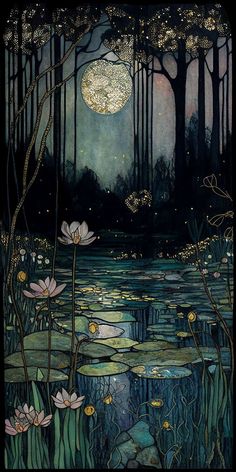 a painting of water lilies in the woods at night with stars and moon above them