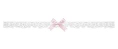 a white lace garter with a pink bow on the front and side, along with a light pink ribbon