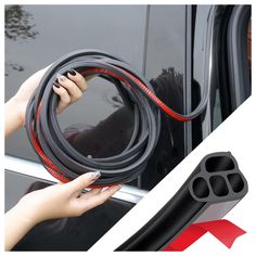 a woman is opening the door of a car with her hand and hose attached to it