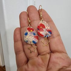 Red White And Sparkle Clay Polymer And Resin Earrings Adjustable Red Patriotic Earrings, Red Dangle Earrings For Summer, Red Dangle Earrings For 4th Of July, Patriotic Multicolor Earrings As Gift, Handmade Patriotic Red Jewelry, Patriotic Multicolor Summer Jewelry, Red Teardrop Earrings For Summer, Patriotic Earrings For Summer Gift, Red Teardrop Summer Earrings