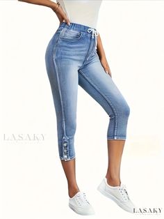 Lasaky - Womens Drawstring Elastic Waist Capris Denim Jeans - High Stretch Slim Fit Washed Denim Pants Denim Blue Jeans With Drawstring For Spring, High Rise Denim Jeans With Drawstring, High Waist Drawstring Denim Jeans, High Waist Denim Jeans With Drawstring, Stretch Denim High Rise Capris, Trendy Denim Capri Length Bottoms, Stretch High Rise Denim Capris, Casual Stretch Cropped Capri Jeans, Summer Capri Length Denim Blue Jeans