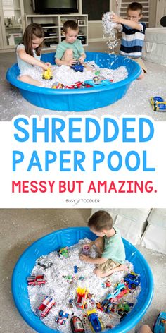 two children playing in an inflatable pool filled with shredded paper and toys, text overlay reads shredded paper pool messy but amazing