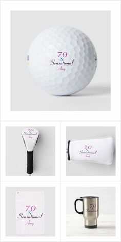 several different types of golf balls and tees are shown in this image, including the logo