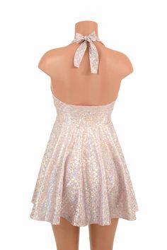 "This item is made to order, please read all the way through the listing before purchasing! This flowy dress is made of pink & silver round scale holographic spandex. The halter top is darted and ties behind the neck, the hemline is circle cut. Length: 17\" measured from the waist to the hemline. We can create this dress from any other fabric in our shop, just ask! Womens Sizing (See below for instructions on where measurements should be taken) XXS: Bust 29\"-30\" / Waist 22\"-23\" / Hips 30 Dress Mermaid, Olive Branch, Mermaid Dresses, Flowy Dress, Tie Backs, Tie Back, Skater Dress, Halter Top, Cocktail Dress