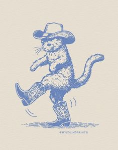 a blue drawing of a cat wearing cowboy boots and a hat, riding a skateboard