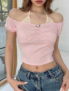 Lace Patchwork One-Shoulder Ruched Bubble Sleeve Top - AnotherChill Off Shoulder Crop Top Outfit, Aesthetic Crop Tops, Basic Crop Tops, Top In Pizzo, Crop Top Outfit, Bubble Sleeve Top, Trendy Outerwear, Off Shoulder Crop Top, Lace Splicing