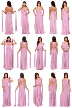 a woman in a long pink dress poses for different angles and poses with her hands on her hips