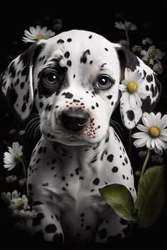 a dalmatian puppy with daisies in front of it's black background