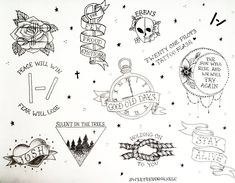 some tattoo designs on a white paper with words and symbols around them, including an alarm clock