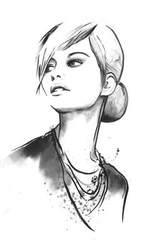 a black and white drawing of a woman's face with necklaces on her neck