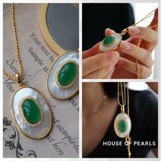 Just in! This unique Green Onyx Mother of Pearls Pendant Necklace Gold Vermeil for $91.00. #pearls #80sfashion #goldensouthseapearls #pearlstyle #houseofpearls #houseofpearlsoffical #modernpearls #pearlstrand #jewelrygram #Masterpiece#houseofpearlsoffical Oval Jade Cabochon Necklaces, Oval Jade Cabochon Necklace, Oval Jade Jewelry With Natural Stones, Luxury Oval Jade Necklaces, Elegant Jade Cabochon Necklace, Round Mother Of Pearl Gemstone Jewelry, Jade Cabochon Oval Pendant Necklace, Elegant Oval Pendant Gemstones With Natural Stones, Elegant Natural Stone Oval Pendant