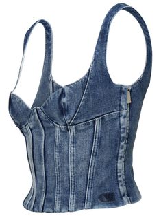 Made of cotton denim, panel design, 'OW' logo embroidery on the front, side zip closure Denim Bustier Top, Ropa Upcycling, Denim Bustier, Moda Denim, Top Bustier, Italian Fashion Brands, Denim Corset, Bustier Top, Bustiers