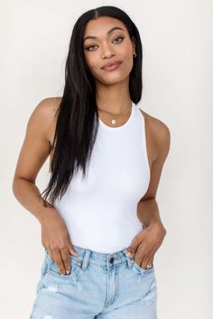 Our Racerback Basic Tank features a high neckline and is super soft and flattering. Stretchy 92% Nylon, 8% Spandex Racerback Hand Wash Cold, Lay Flat To Dry Trendy Stretch Halter Top With High Neck, Trendy Stretch High Neck Halter Top, Seamless High Neck Tank Top, Fitted Halter Top For Everyday Wear, White Stretch Backless Tank Top, White High Neck Stretch Tank Top, Kelly Green Dresses, Light Grey Hoodie, Neon Sandals