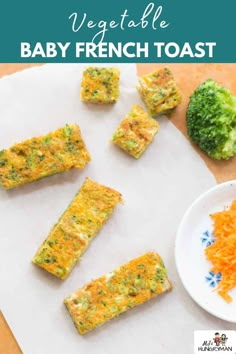 broccoli, cheese and baby french toast on a cutting board