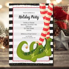 a holiday party card with an image of a christmas elf's leg and striped stockings