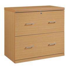 a wooden dresser with three drawers and two handles on the front, one drawer is open