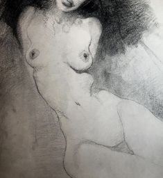 a black and white drawing of a nude woman's head with her hands behind her back