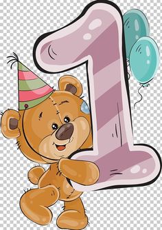 a brown teddy bear with a birthday hat holding a number one balloon in front of it