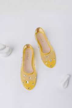 Yellow tulle flats with sparkly rhinestone embroidery are made to measure from a soft mesh and natural leather with a comfortable low heel.  Transparent and minimalistic, made only from high-quality materials, these ballerina shoes will perfectly complement any look. Makes a perfect gift for her:) Sort cushioned insoles along the entire length of the shoe will remember the position of the foot and add comfort. Anti-slip outsoles are a mixture of leather chips and rubber, it's more wear-resistant Summer Party Slip-on Ballet Flats, Summer Slip-on Ballet Flats For Parties, Embellished Round Toe Flats For Summer, Summer Party Ballet Flats With Almond Toe, Spring Rhinestone Flats With Round Toe, Spring Embellished Flats With Round Toe, Embellished Pointed Toe Flats For Spring, Spring Embellished Flats With Flat Heel, Embellished Flats For Spring Party