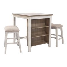 a white table with two stools and a bookcase in front of it on a white background