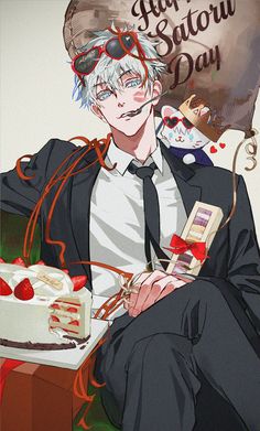 an anime character sitting on a chair with a cake in front of him and the caption happy saturday