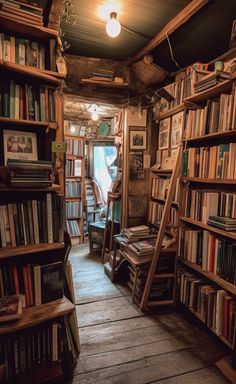 an old library with lots of books on shelves and ladders to the ceiling in front of it