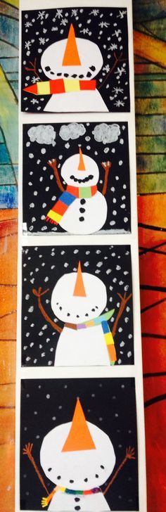 four snowmen are shown in three different ways