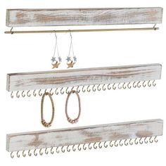 Rustic Whitewashed 3-Piece Jewelry Rack Set Necklace Organizer Wall, Whitewashed Wood, Wall Mount Jewelry Organizer, College Dorm Room Decor, Jewelry Organizer Wall, Jewelry Wall, Hanging Jewelry Organizer, Jewelry Rack, Earring Storage