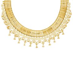 Add this glittering 22k yellow gold necklace and earring set to your attire for a special occasion. The exquisite beading and filigree work on this dazzling Indian gold jewelry set is perfect for bridal, formal, or traditional gowns. Features: • 22k yellow gold • Beading • Filigree Specifications: • Minimum Necklace Width - 1 millimeters • Maximum Necklace Width - 25 millimeters • Necklace Length - 16 to 18 inches • Minimum Earring Width - 6 millimeters • Maximum Earring Width - 21 millimeters • Gold Temple Necklace With Zari Work For Reception, Gold Temple Necklace For Diwali Reception, Traditional Gold Bridal Necklace For Reception, Elegant 22k Gold Jewelry With Zari Work, 22k Yellow Gold Bridal Necklace With Filigree, 22k Yellow Gold Filigree Bridal Necklace, Gold Temple Necklace For Reception And Festivals, 22k Gold Bridal Necklace With Intricate Design For Reception, Elegant Temple Necklace With Zari Work For Reception