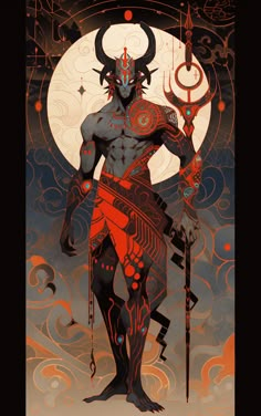 an illustration of a demon standing in front of a full moon and holding a staff