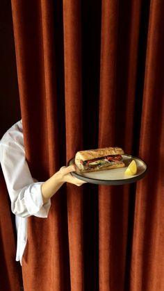 a person holding a plate with a sandwich on it in front of a red curtain